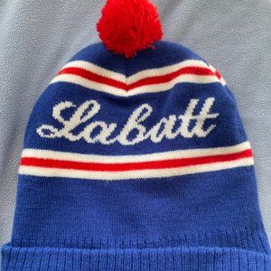 Vintage Labatt Beer Winter Hat Select Design Pom Blue Red White Acrylic